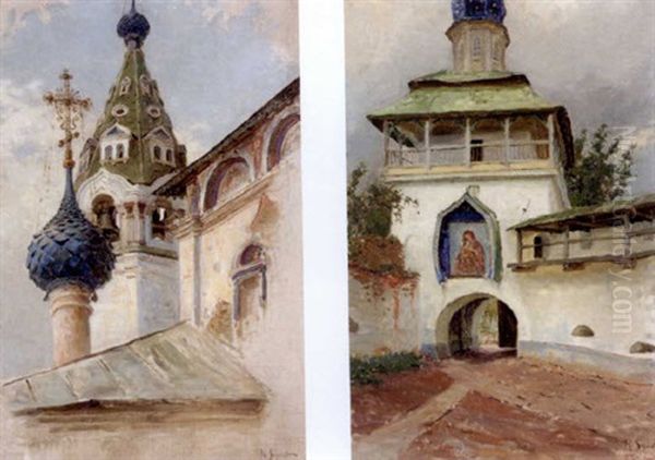 The Exterior Gates Of The Pechorsky Monastery (+ Church Of Archangel Michael, Kostroma; 2 Works) Oil Painting by Genrich Genrikovich Schmidt