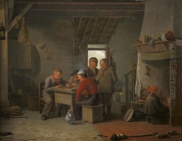 Bauerliches Interieur Mit Dame-spielern Und Zuschauern Oil Painting by Georg Adam Schmidt