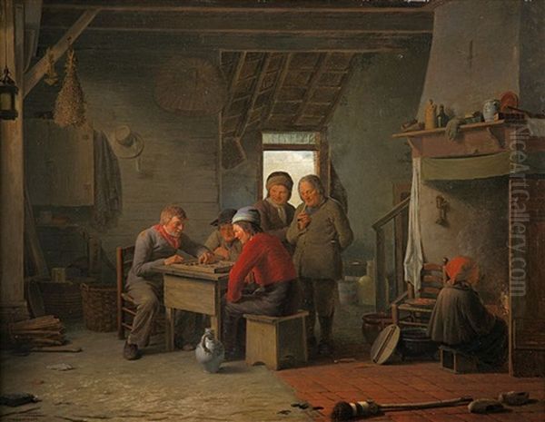 Bauerliches Interieur Mit Dame-spielern Und Zuschauern Oil Painting by Georg Adam Schmidt