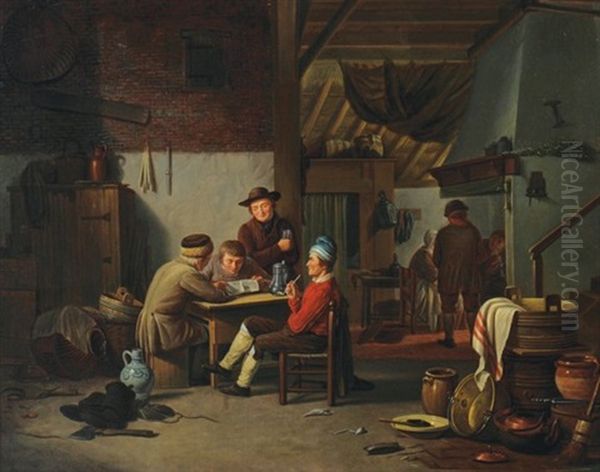 Figures In An Interior Oil Painting by Georg Adam Schmidt