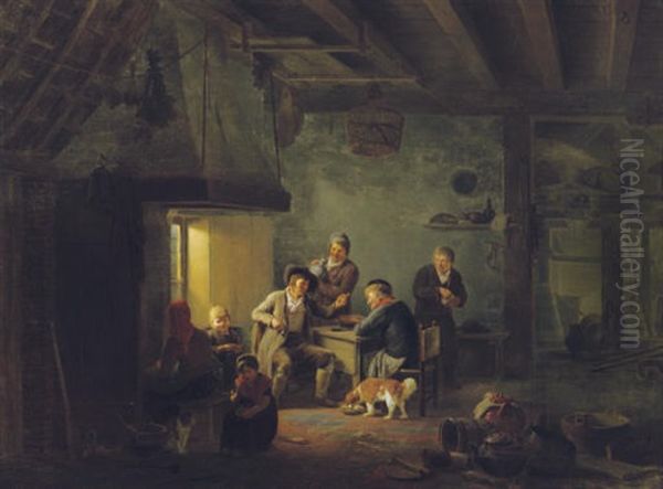 Peasants In An Interior Oil Painting by Georg Adam Schmidt