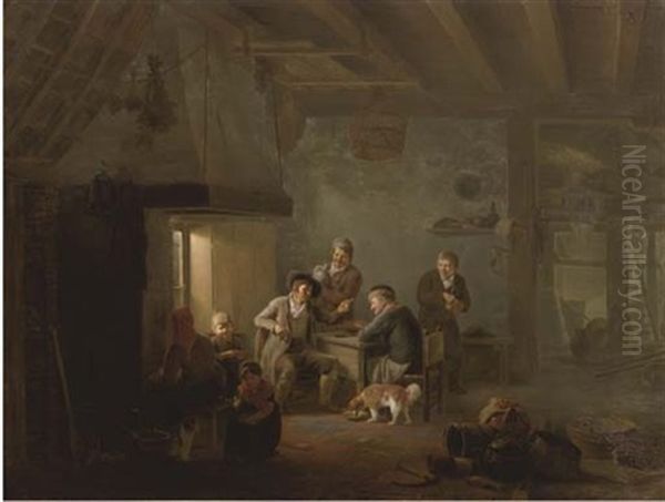 Figures In An Interior Oil Painting by Georg Adam Schmidt