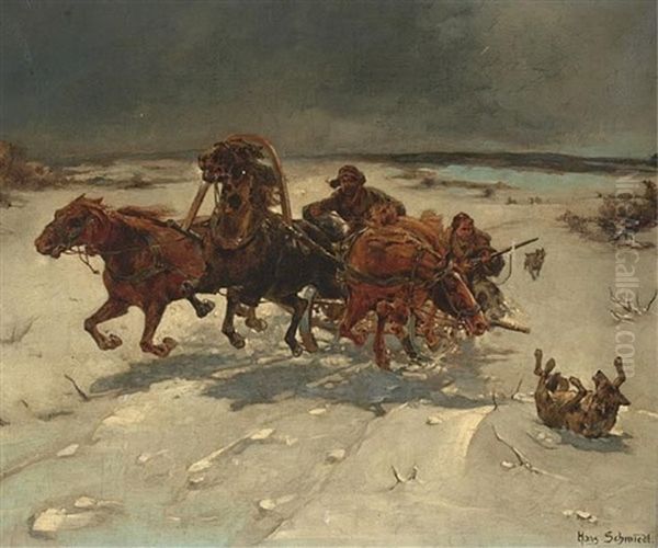 Winter Landscape With Hunters Oil Painting by Hans Schmidt