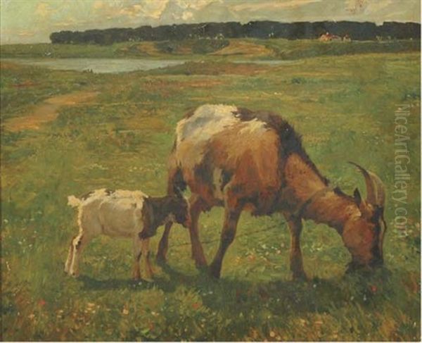 Goats In A Flowering Sunlit Meadow Oil Painting by Hans Schmidt