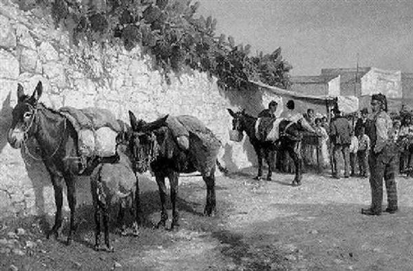 Mules Standing By A Sunlit Wall On A Market Oil Painting by Hans Schmidt