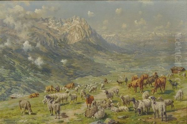 Sommerliche Alm Mit Schafen Und Rindern - Ausblick In's Tal Oil Painting by Hans W. Schmidt