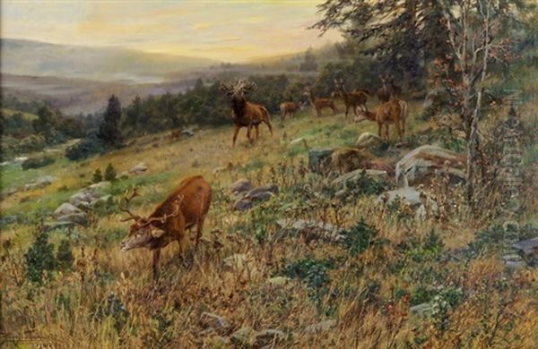 Waldlichtung Mit Asenden Hirschen Oil Painting by Hans W. Schmidt