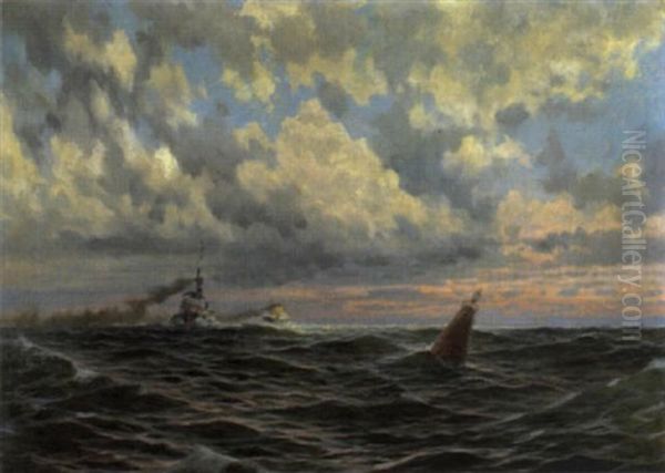 Seestuck Mit Einlaufendem Und Auslaufendem Dampfer Nach Sonnenuntergang Oil Painting by Hans W. Schmidt