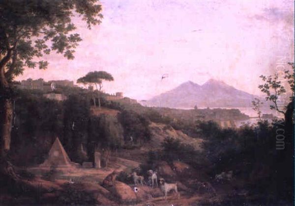 View Over The Bay Of Naples With Dogs On A Path Before A Stone Pyramid Oil Painting by Heinrich Schmidt