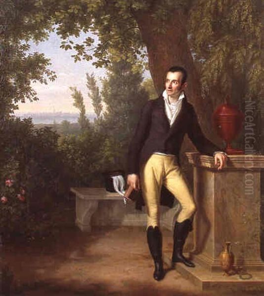 Portrait De Gentilhomme Devant Une Vue De Ville En Bord De  Mer by Heinrich Schmidt