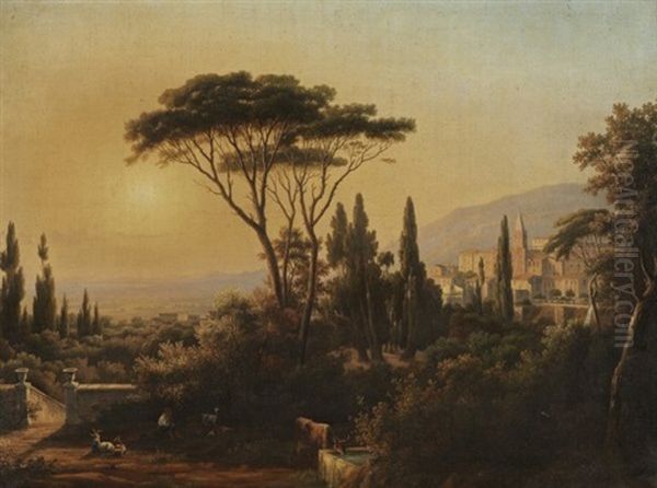 Stimmungsvolle Ansicht Von Rom. Mit Figurenstaffage Im Vordergrund Links Und Blick Auf Kirche Im Hintergrund Rechts Oil Painting by Johann Jakob Schmidt