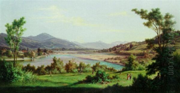 A Lake Landscape Oil Painting by Ludwig Schmidt