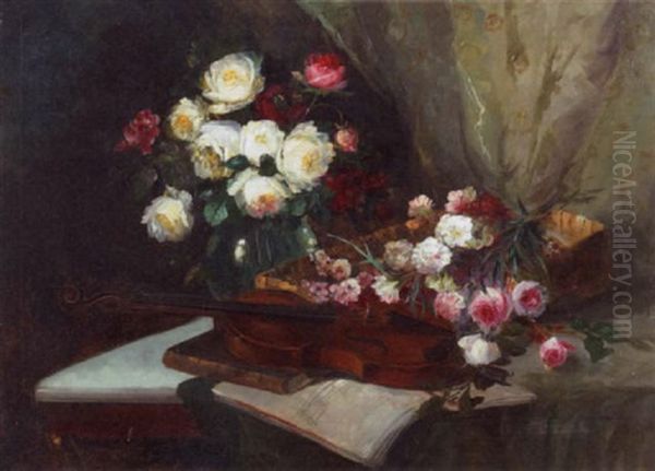 A Still Life With Roses And A Violin Oil Painting by Robert Schmidt