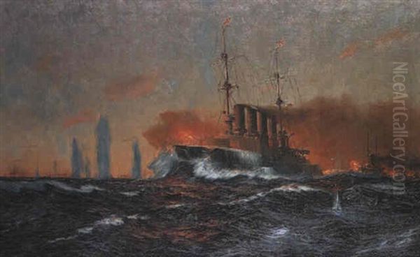 Battle Off The Coast Of Chile (cap Coronel) Oil Painting by Robert Schmidt