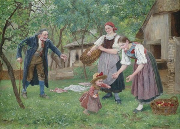 Im Grunen. Gelungene Gehversuche Des Jungsten Im Grasgarten Oil Painting by Theodor Schmidt