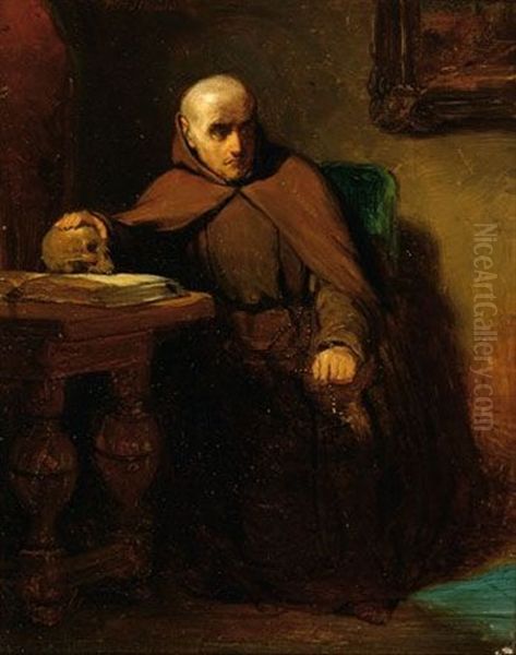 A Monk In His Cell Holding A Skull Oil Painting by Willem Hendrik Schmidt