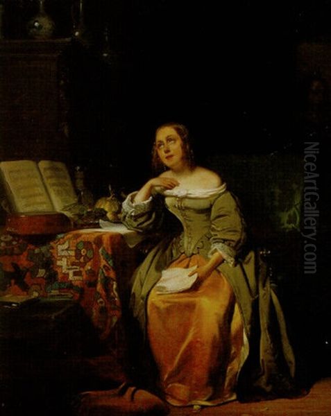 Woman Reading Letter In Interior Oil Painting by Willem Hendrik Schmidt