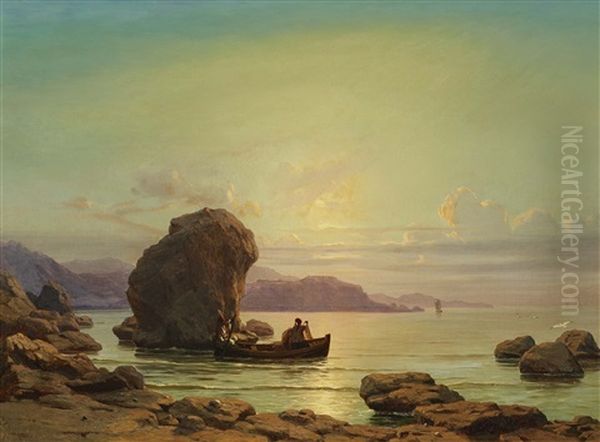 Fishermen In Front Of The Coast Of Corfu Oil Painting by Max Schmidt