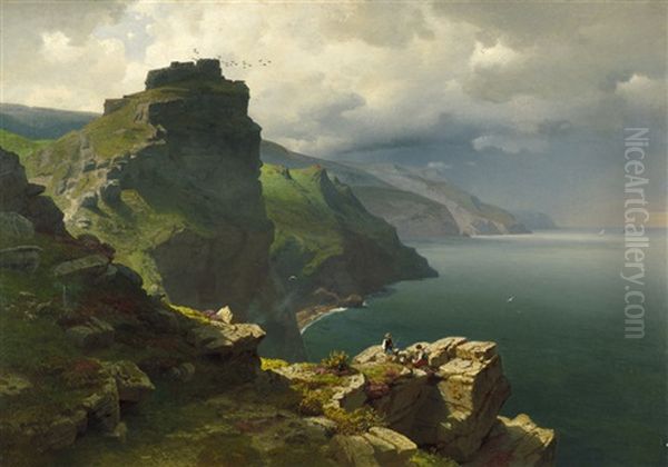 Castle Rock An Der Sonnigen Steilkuste Englands, Im Vordergrund Ein Rastendes Junges Paar Oil Painting by Max Schmidt