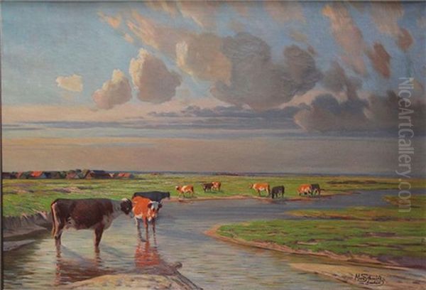 Landschaft Mit Kuhen Oil Painting by Max Schmidt