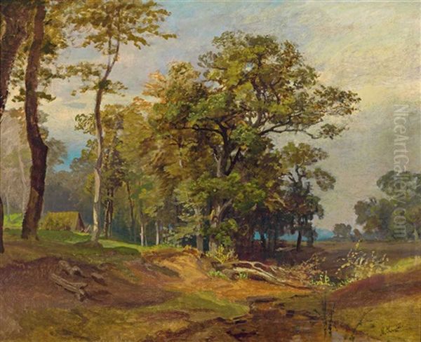 Originalskizze. Sommerliche Landschaft Mit Lichtem Feldgeholz, Tumpel Und Alten Eichen Oil Painting by Max Schmidt