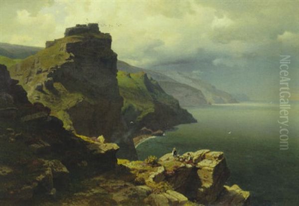 Sonnige Steilkuste Bei Devonshire, Im Vodergrund Rastendes Paar Oil Painting by Max Schmidt