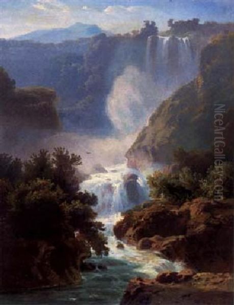 Gischtender Wasserfall Im Gebirge Oil Painting by Max Schmidt