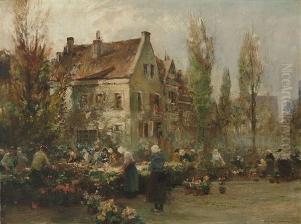 Hollandischer Blumenmarkt Vor Malerischer Hauserfassade Mit Sonnigem Lichteinfall by Hermann Schmidtmann