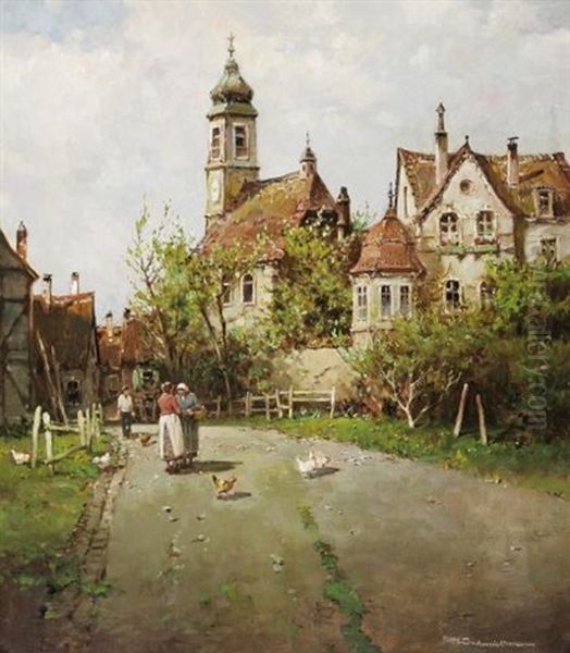 Dorfidyll Oil Painting by Hermann Schmidtmann