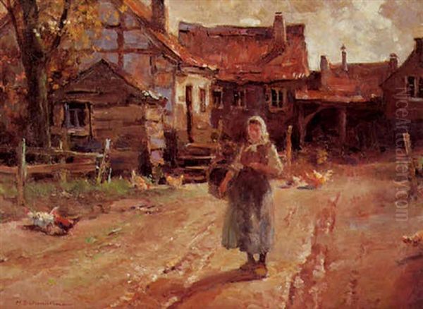 Bauerin Auf Dem Huhnerhof Oil Painting by Hermann Schmidtmann