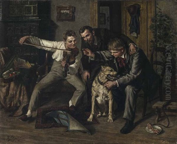 Drei Manner Versuchen Mit Geigenspiel Einen Hund Zum Jaulen Zu Bringen Oil Painting by Teuwart Schmitson