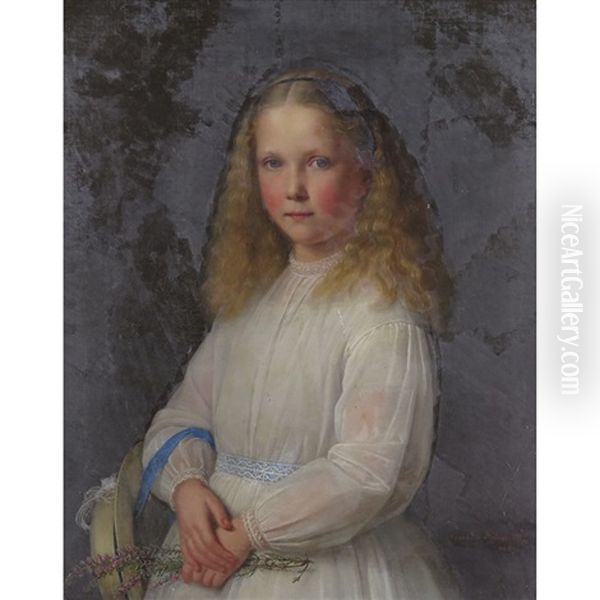 Portrait Of A Young Girl Holding Heather Oil Painting by Guido Phillip Schmitt