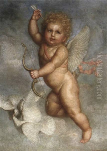 Ein Putto: Bildnis Des Amor Mit Pfeil Und Bogen Und Turteltaubchen Von Wolken Umgeben Oil Painting by Guido Phillip Schmitt