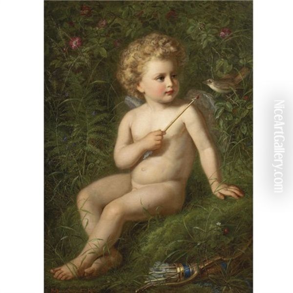 Putto Feeding A Strawberry To A Bird Oil Painting by Nathaniel Schmitt