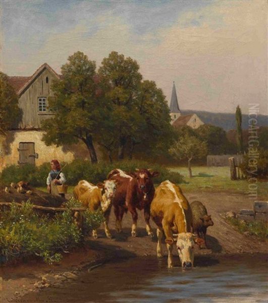 Hirtin Mit Rindern Am Wasser Vor Dem Dorf Oil Painting by Wilhelm Schmitt