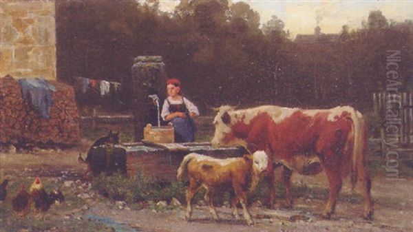 Animals In A Farmyard With A Young Girl Collecting Water Oil Painting by Wilhelm Schmitt