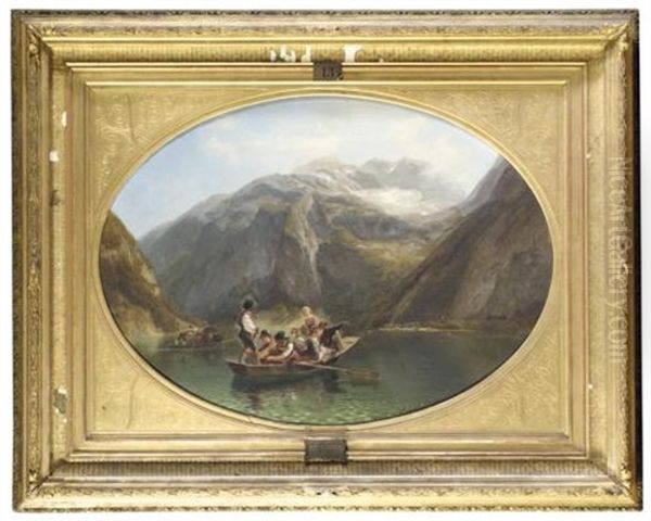 Figures In A Boat On The Konigsee - Ein Boot Auf Dem Konigsee (collab. W/august Becker) Oil Painting by Adolf Schmitz Cronenburg