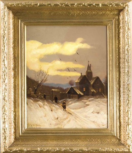 Stimmungsvolle Ansicht Eines Einsam Gelegenen Gehofts In Winterlich Verschneiter Landschaft Oil Painting by Georg Schmitz