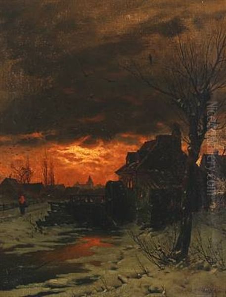 Winterscape With Watermill In The Sunset Oil Painting by Georg Schmitz