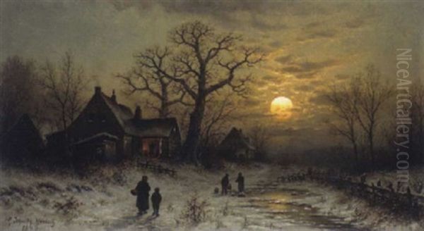 Schmiede Im Walde Bei Mondaufgang Im Winter Oil Painting by Georg Schmitz