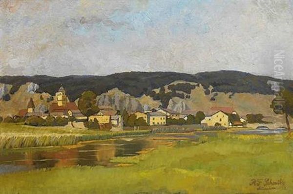 Mit Kirchdorf Und Bewaldetem Hugel Oil Painting by Richard Ferdinand Schmitz