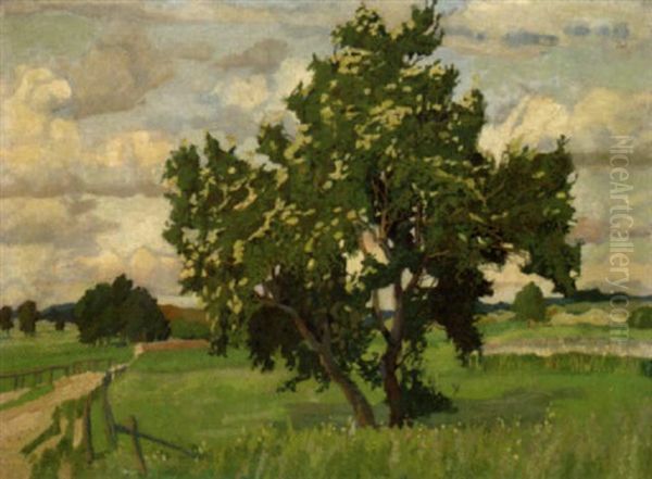 Bluhender Baum In Bayrischer Landschaft Oil Painting by Richard Ferdinand Schmitz