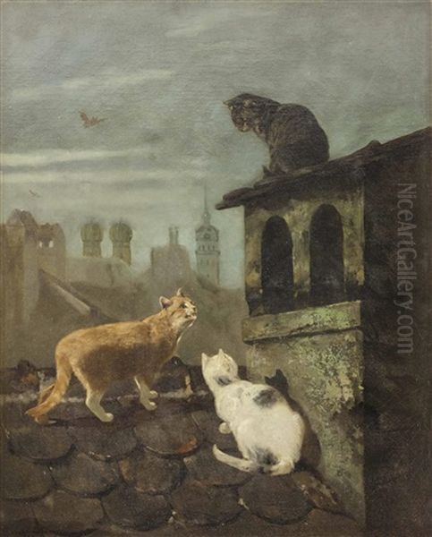 Drei Katzen Auf Den Dachern Von Munchen Bei Nacht Oil Painting by Josef Schmitzberger