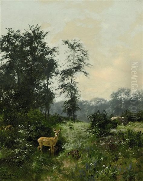 Ricke Mit Zwei Kitzen Am Waldrand Oil Painting by Josef Schmitzberger