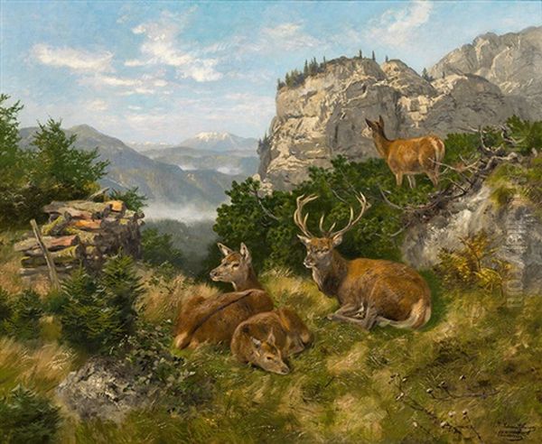 Resting Stags Oil Painting by Josef Schmitzberger