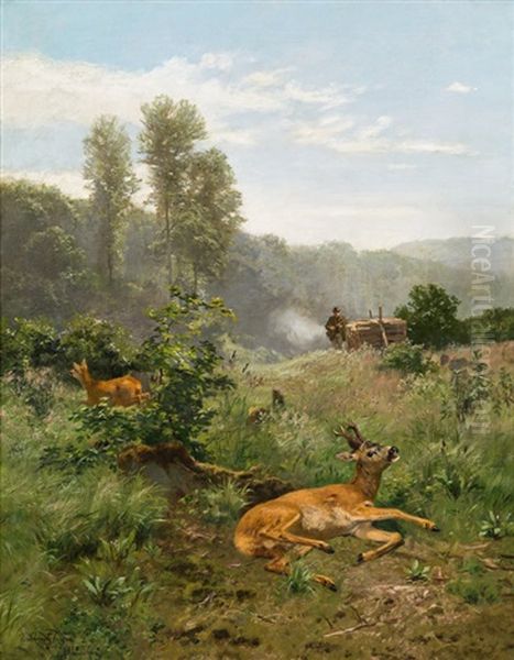 Jagdszene Mit Rehbock Oil Painting by Josef Schmitzberger