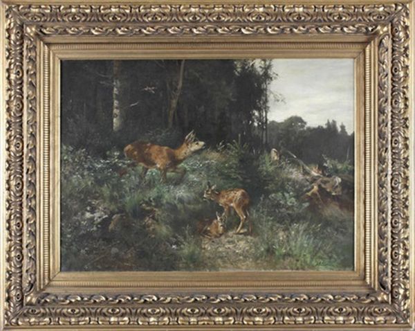 Waldlichtung Mit Reh Und Zwei Kitzen Oil Painting by Josef Schmitzberger