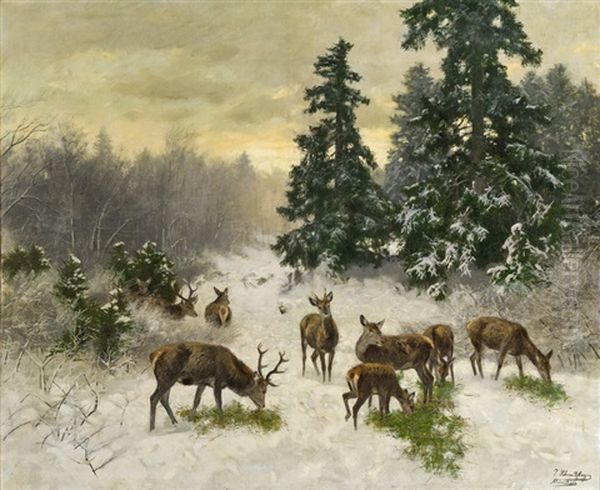 Deer In The Forest In Winter Oil Painting by Josef Schmitzberger