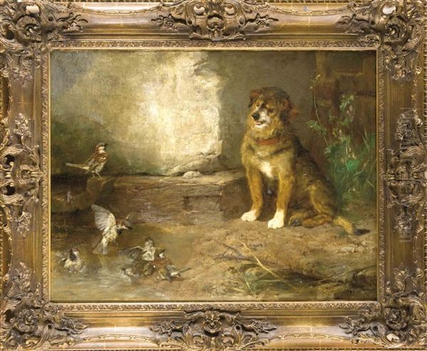 Hund Beobachtet Spatzen Beim Baden Oil Painting by Josef Schmitzberger