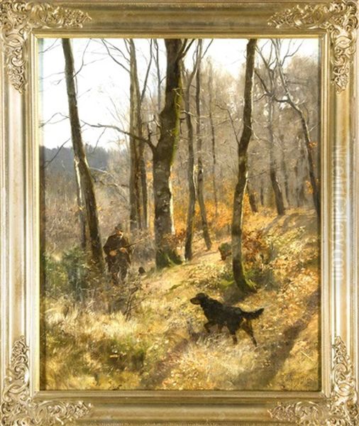 Jager Mit Jagdhund In Einem Herbstlichen Waldstuck Oil Painting by Josef Schmitzberger